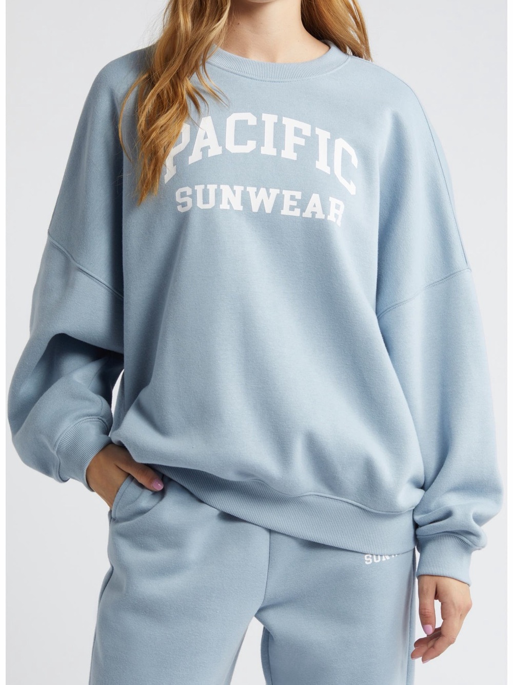 Pacific Sunwear Women's Pale Blue Arch Crewneck Sweatshirt with White Logo Sz L